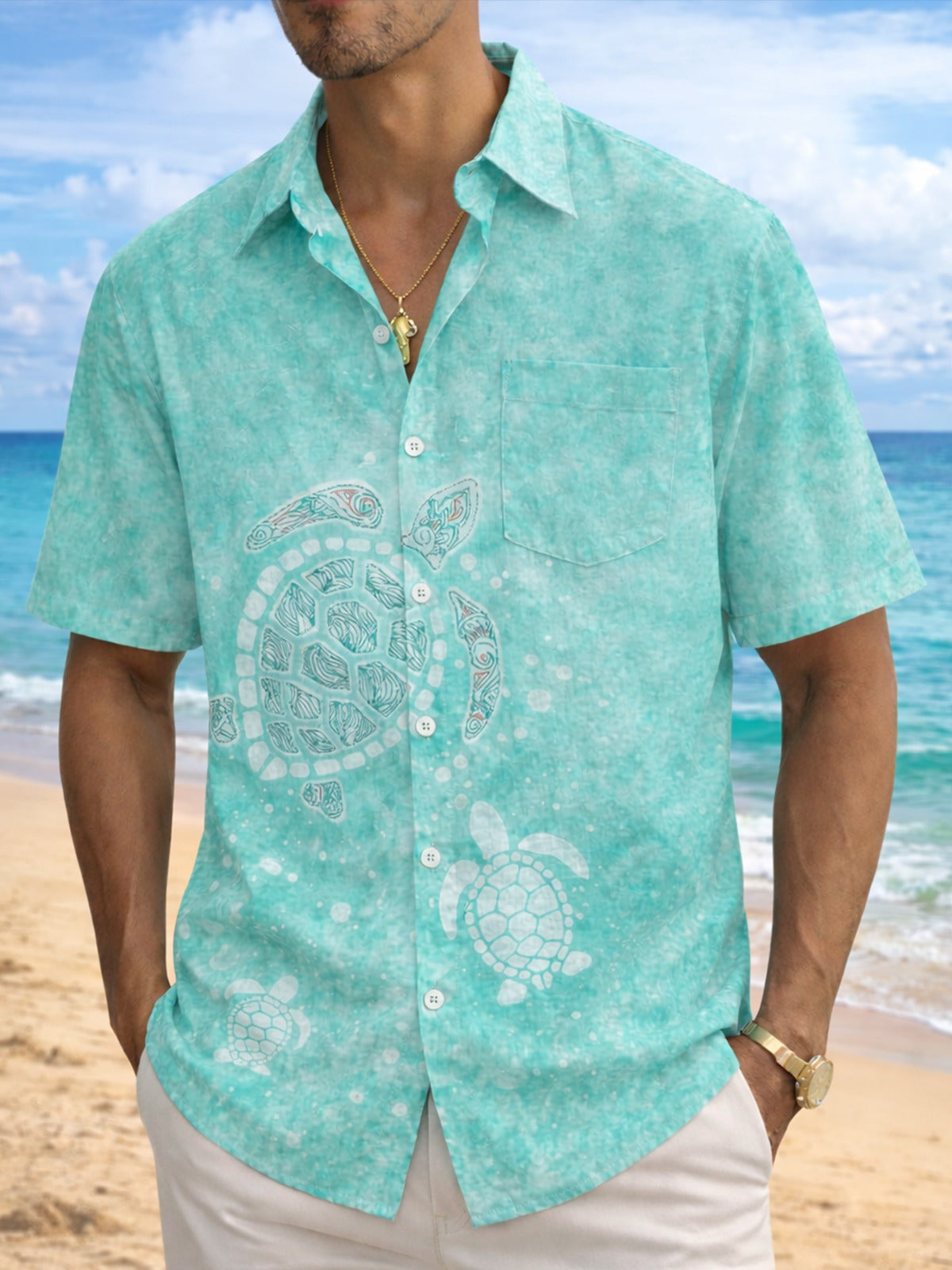 Hawaii Sea Turtle Print Men's Pocket Short Sleeve Shirts