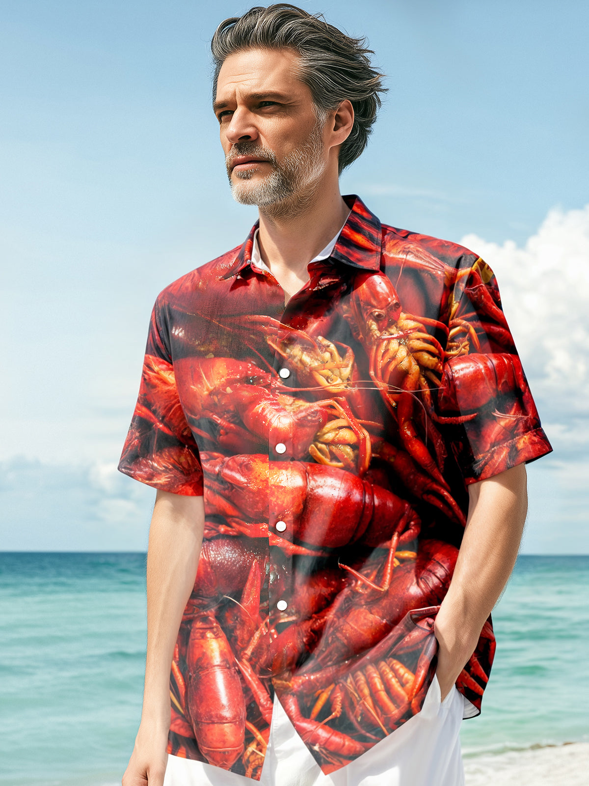 Crayfish Print Men's Pocket Short Sleeve Shirts