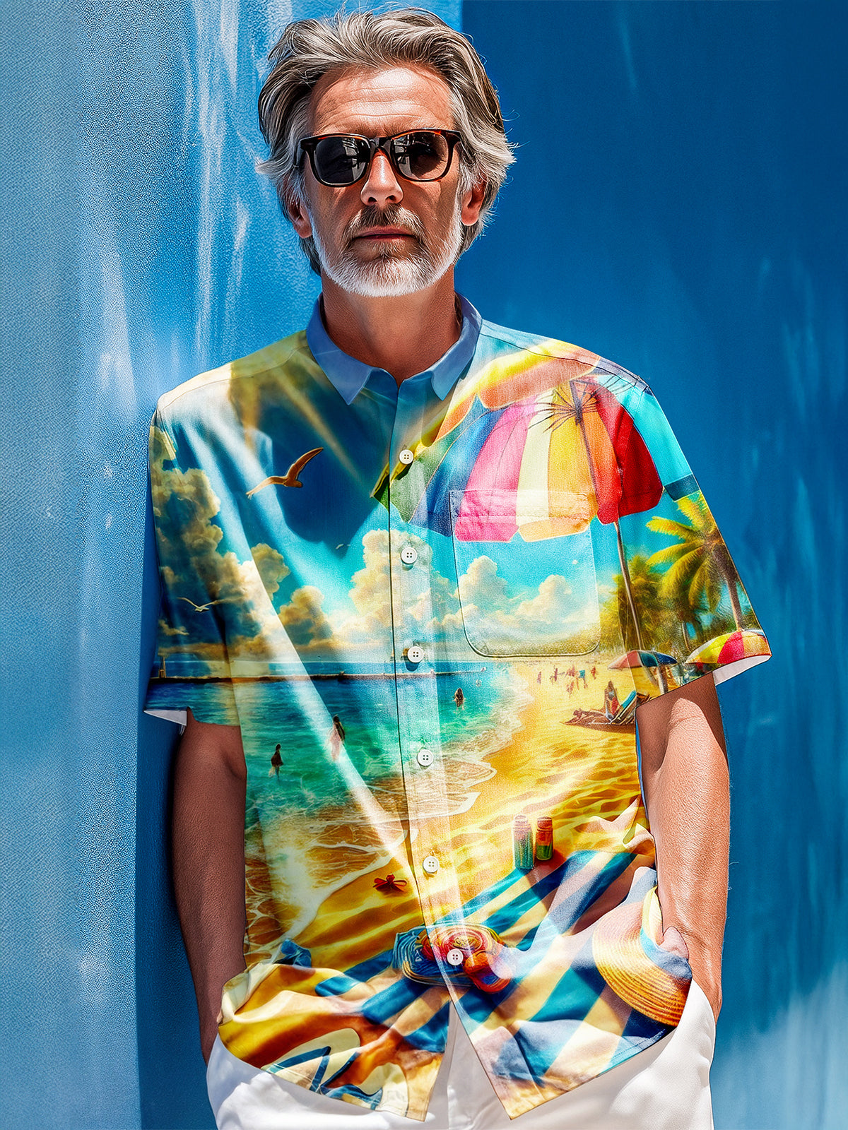 Hawaiian Beach Print Men's Pocket Short Sleeve Shirts