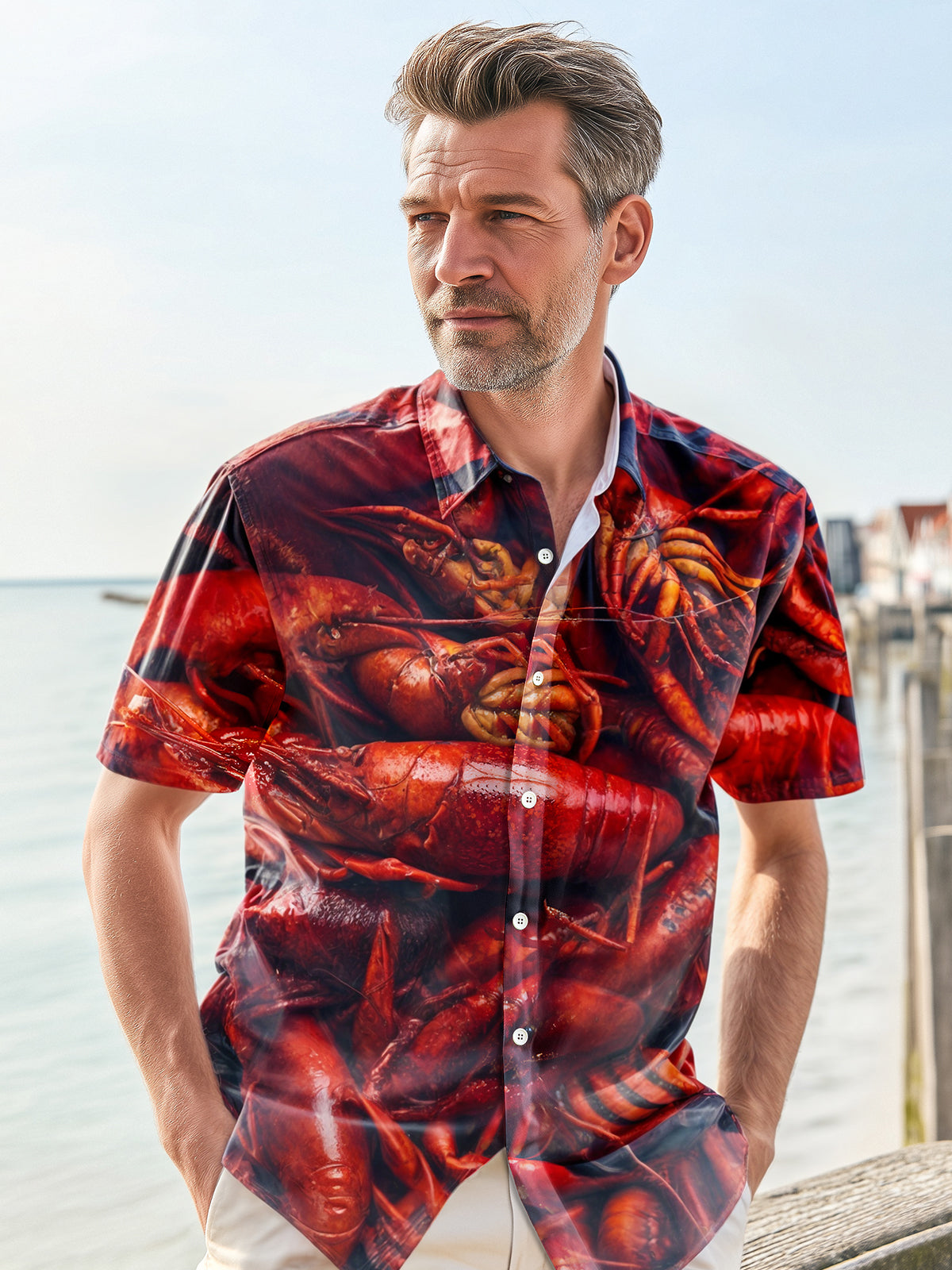 Crayfish Print Men's Pocket Short Sleeve Shirts