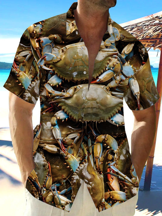 Summer Crab Print Men's Pocket Short Sleeve Shirts