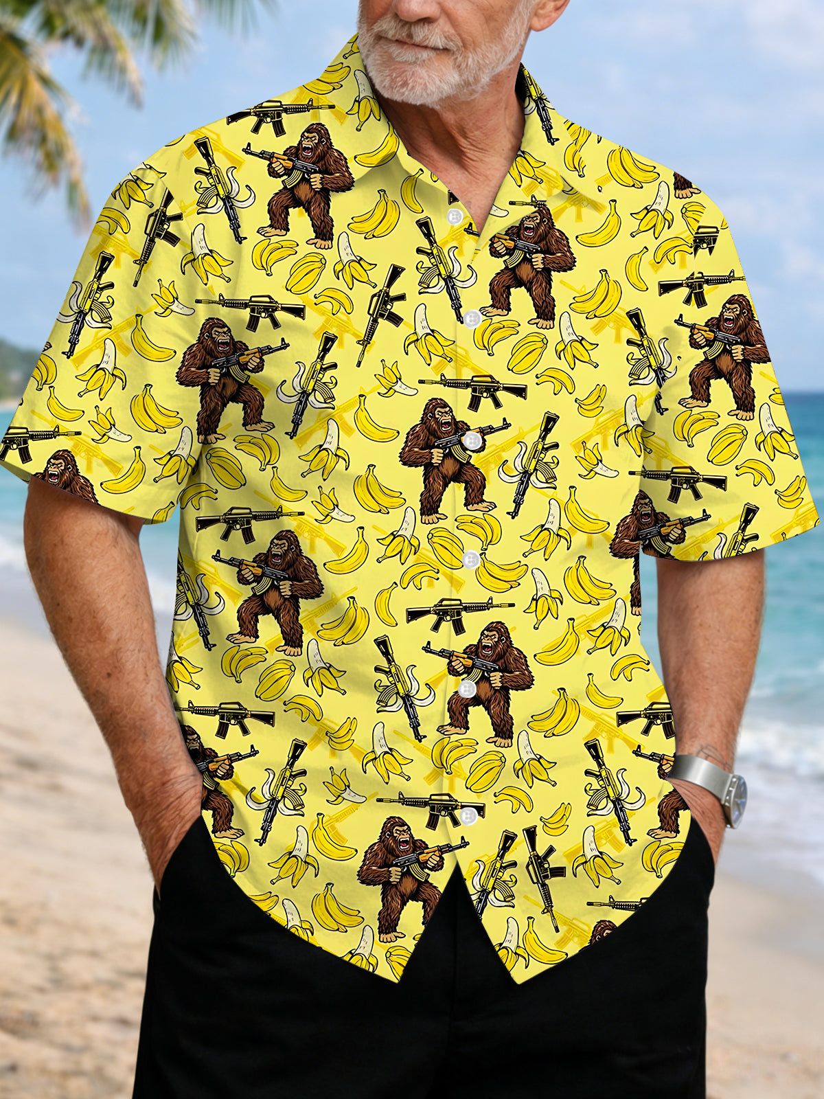Funny Bigfoot Banana Hawaiian Print Men's Pocket Short Sleeve Shirts