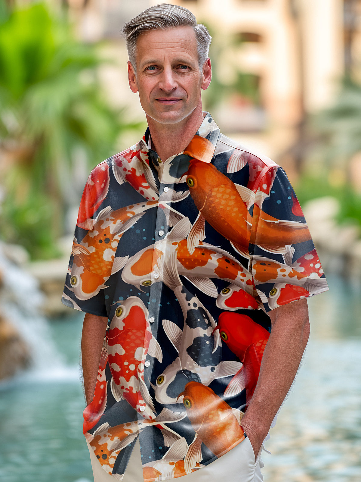 Carp Print Men's Pocket Short Sleeve Shirts