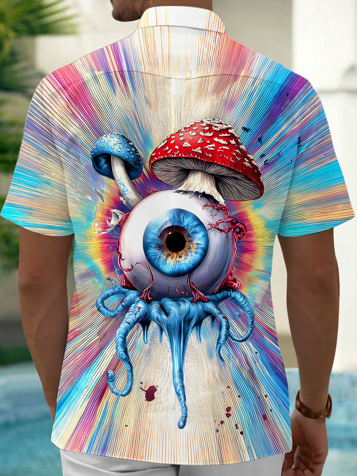Tie Dye Mushroom Eyes Men's Pocket Short Sleeve Shirts