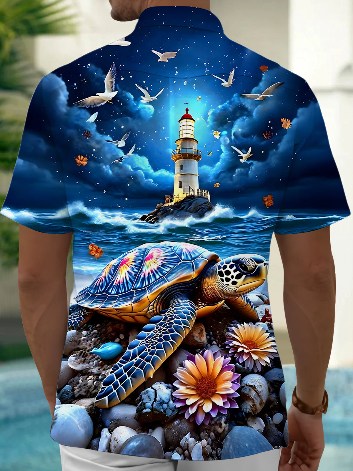 Hawaiian Lighthouse Turtle Men's Pocket Short Sleeve Shirts