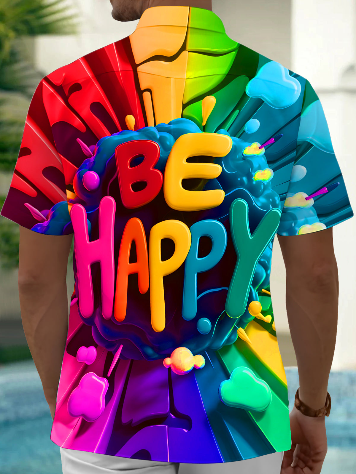 Be Happy Colorful Letters Men's Pocket Short Sleeve Shirts