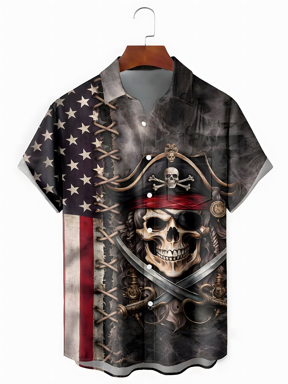 Independence Day Skull Men's Pocket Short Sleeve Shirts