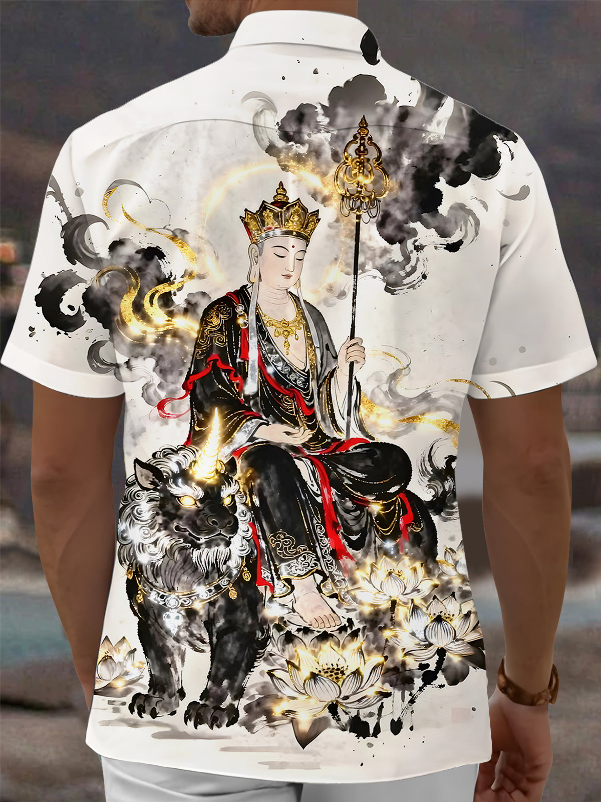 Religion Buddhism Kṣitigarbha Bodhisattva Lotus Men's Pocket Short Sleeve Shirts