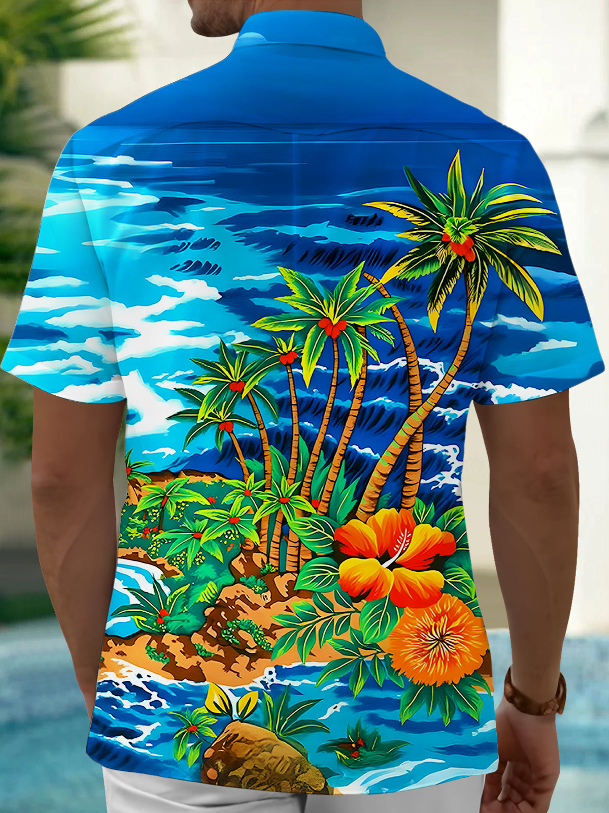Hawaiian Coconut Tree Floral Men's Pocket Short Sleeve Shirts