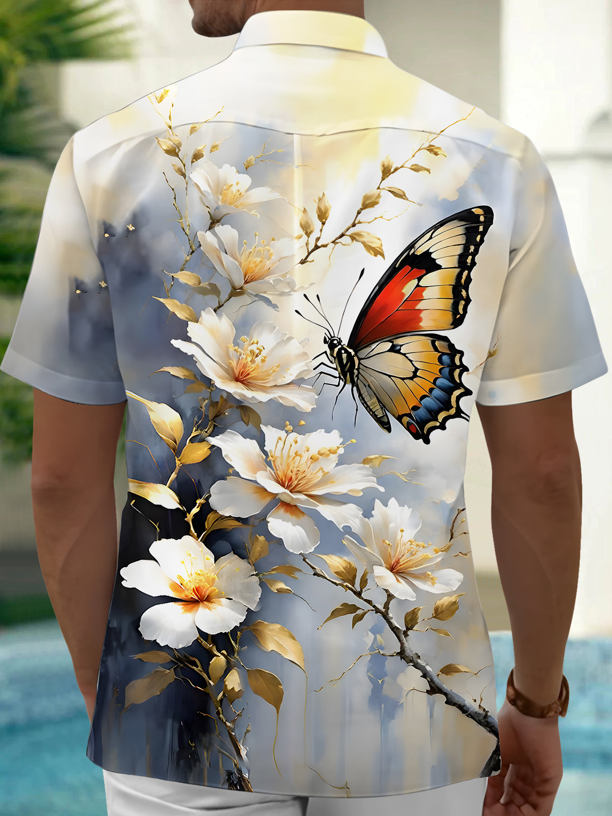 Floral Butterfly Men's Pocket Short Sleeve Shirts