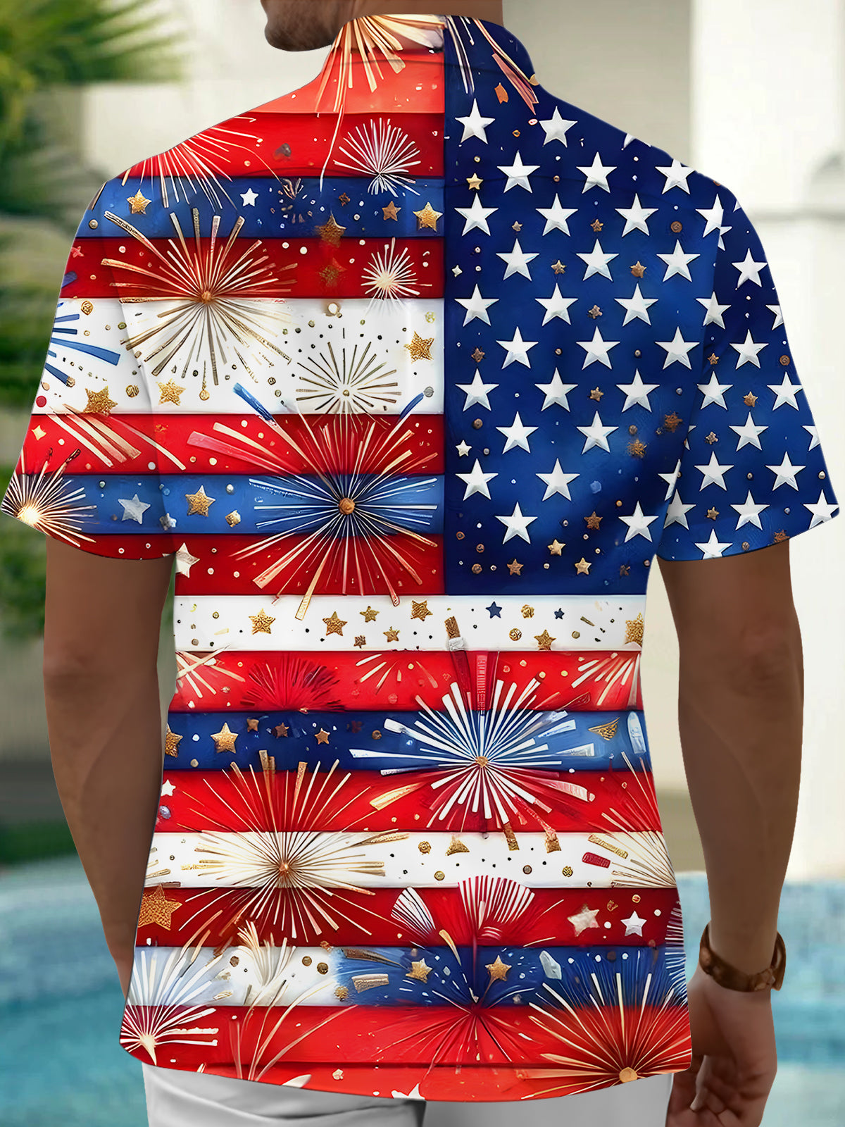 American Flag Fireworks Men's Pocket Short Sleeve Shirts