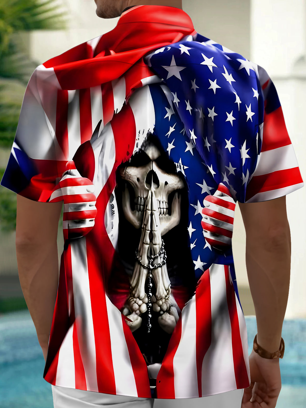 American Flag Skull Men's Pocket Short Sleeve Shirts
