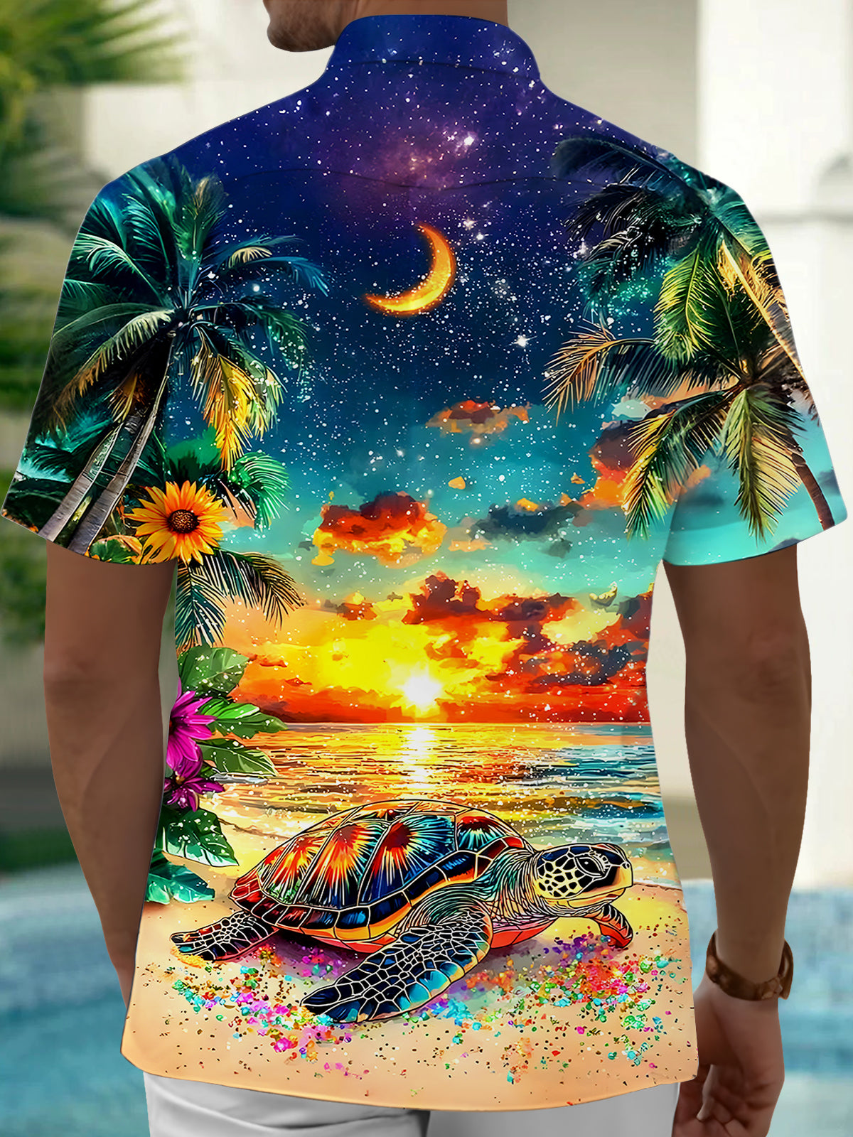Hawaiian Sunset Turtle Men's Pocket Short Sleeve Shirts