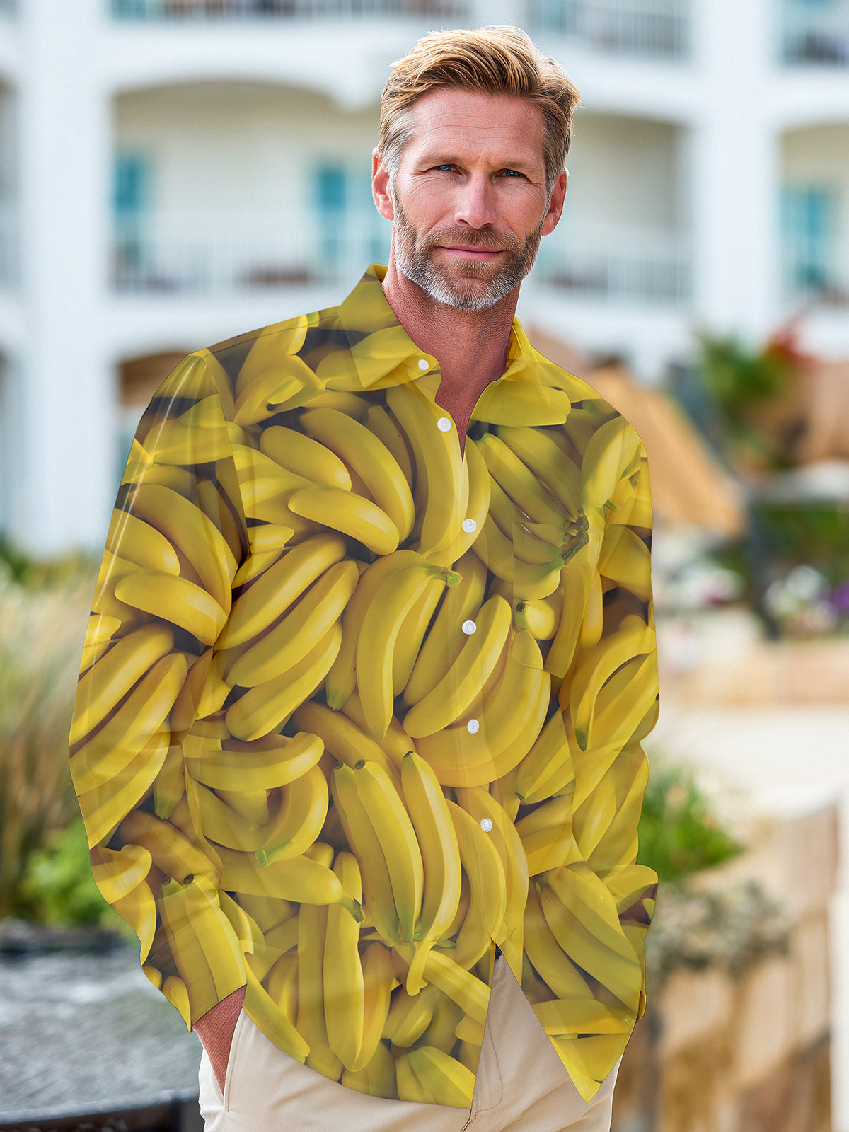 Banana Print Men's Pocket Long Sleeve Shirts