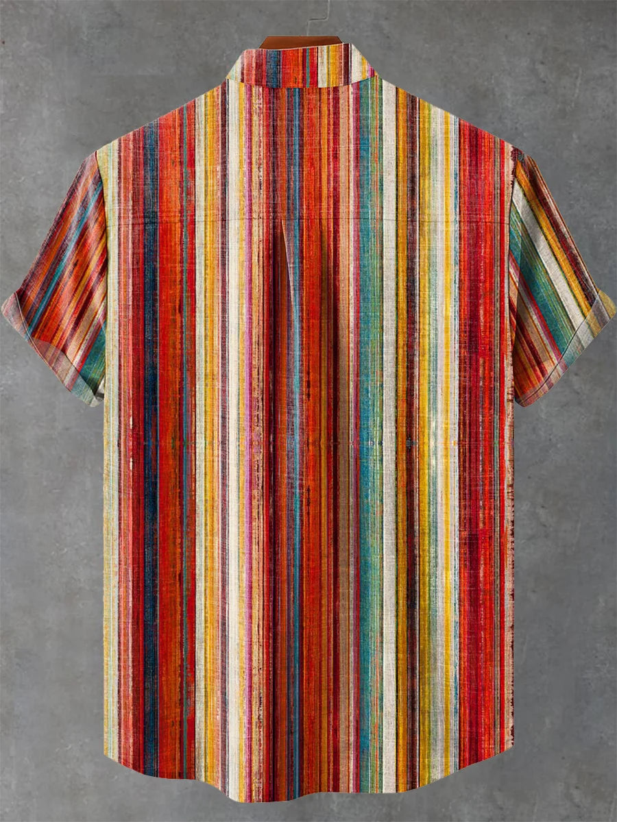 Vertical Stripes Print Pocket Stand Collar Short Sleeve Shirt