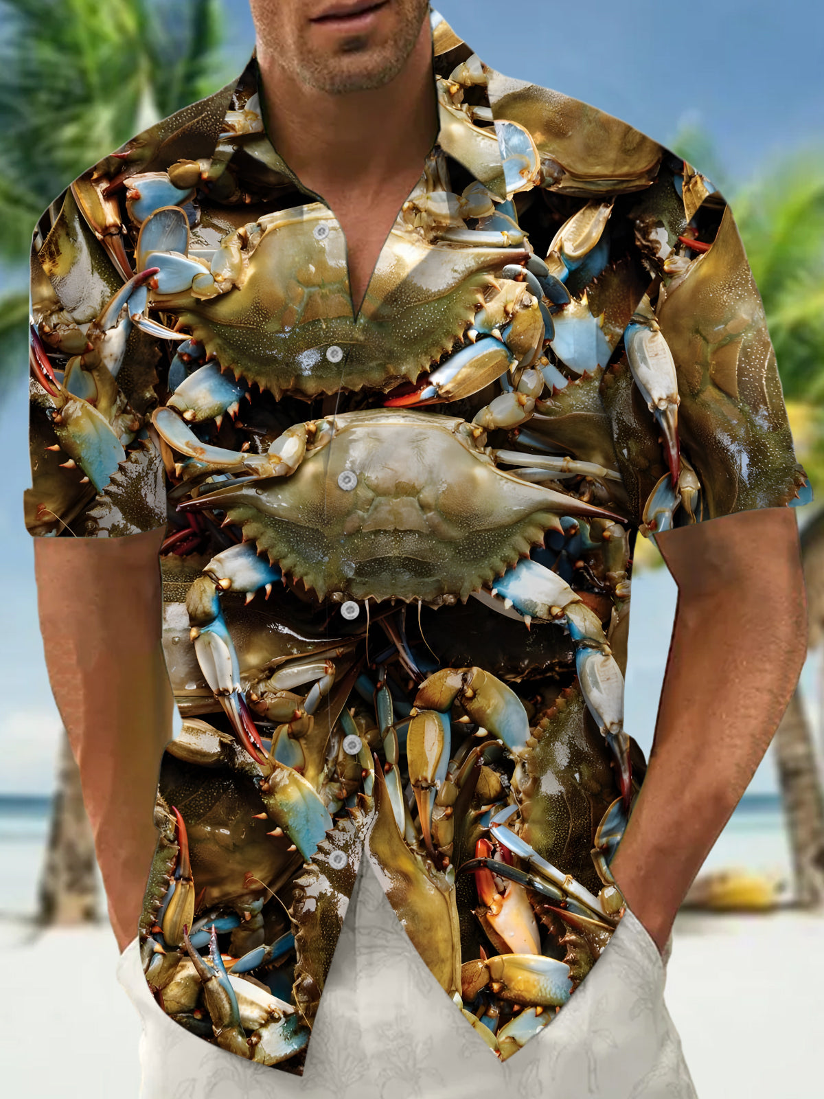 Summer Crab Print Men's Pocket Short Sleeve Shirts
