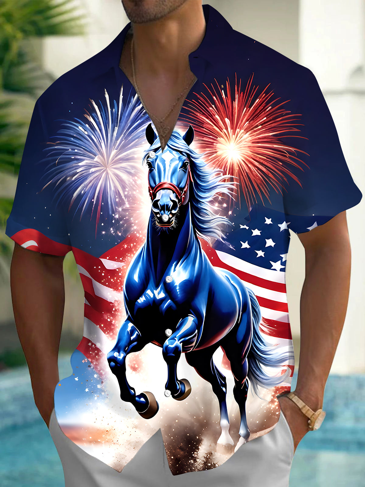Independence Day Fireworks Horse Men's Pocket Short Sleeve Shirts