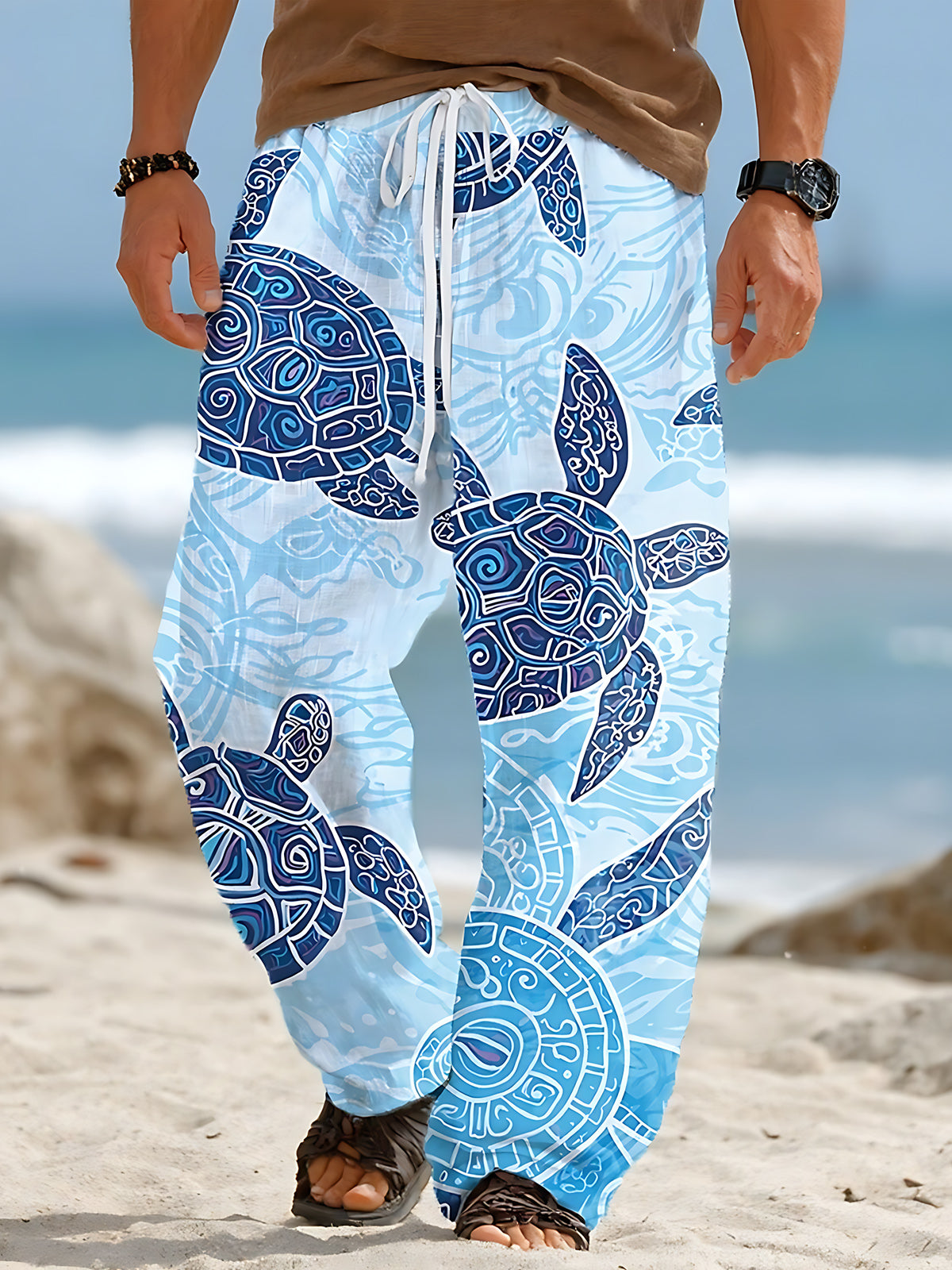 Turtle Print Men's Casual Elastic Waist Pants