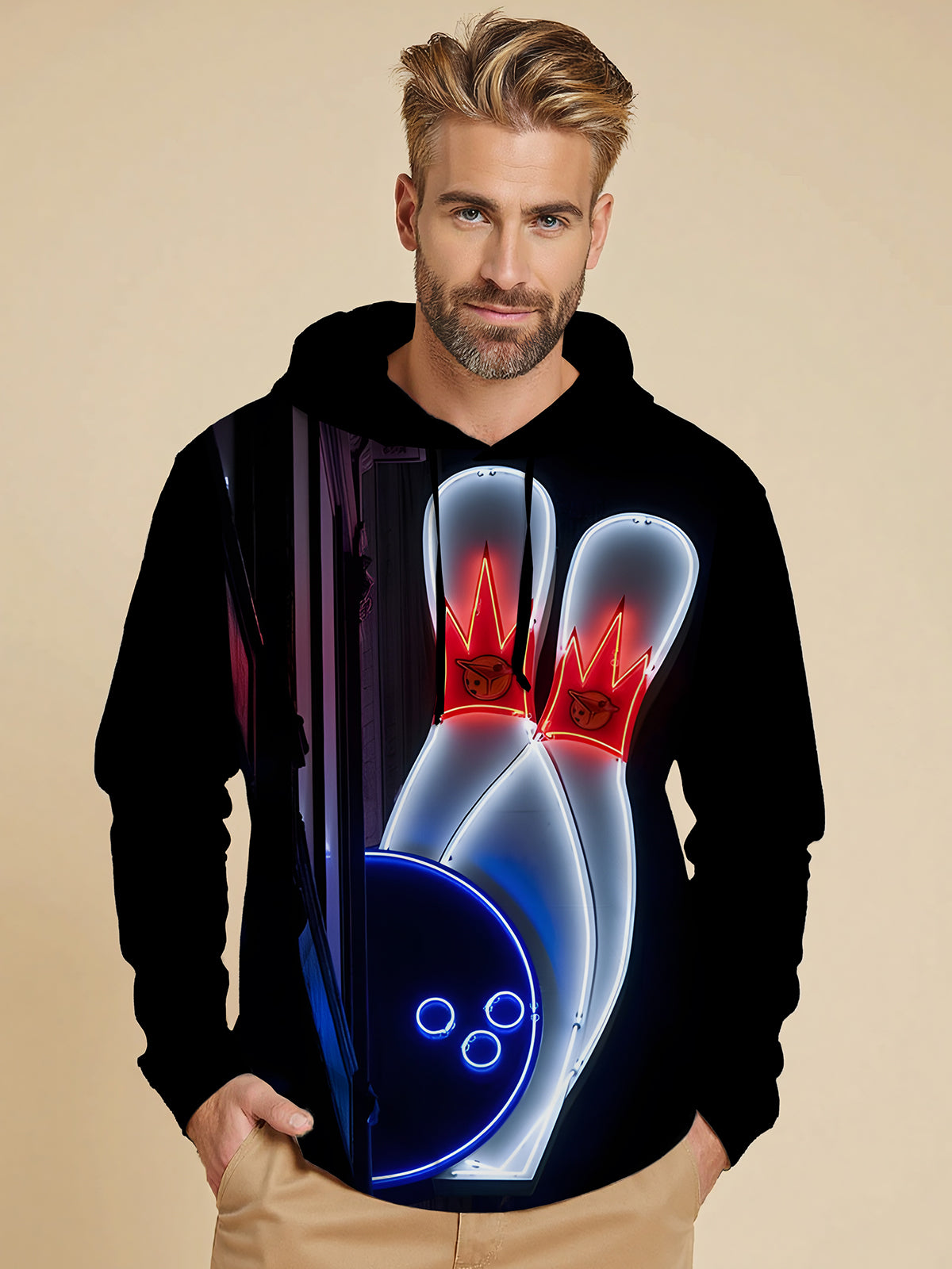 Bowling Ball Print Long Sleeve Hooded Pocket Men's Top