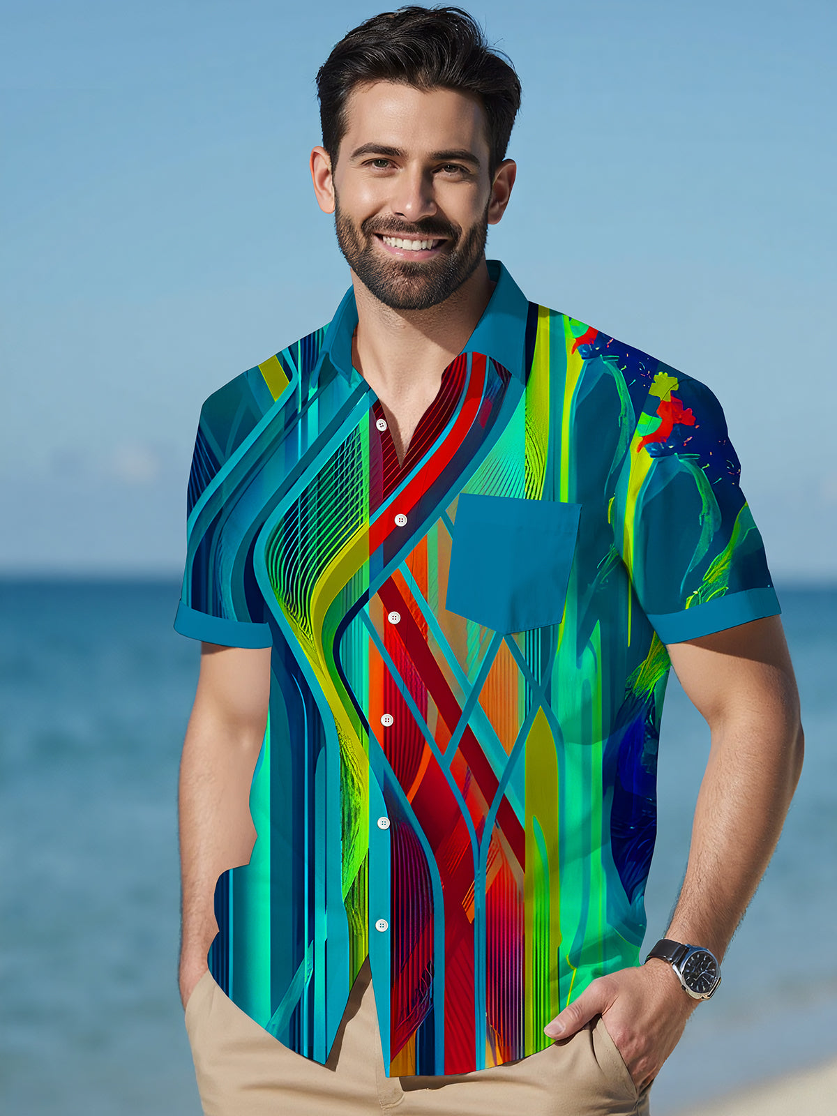 Colorful Line Geometry Men's Pocket Short Sleeve Shirts
