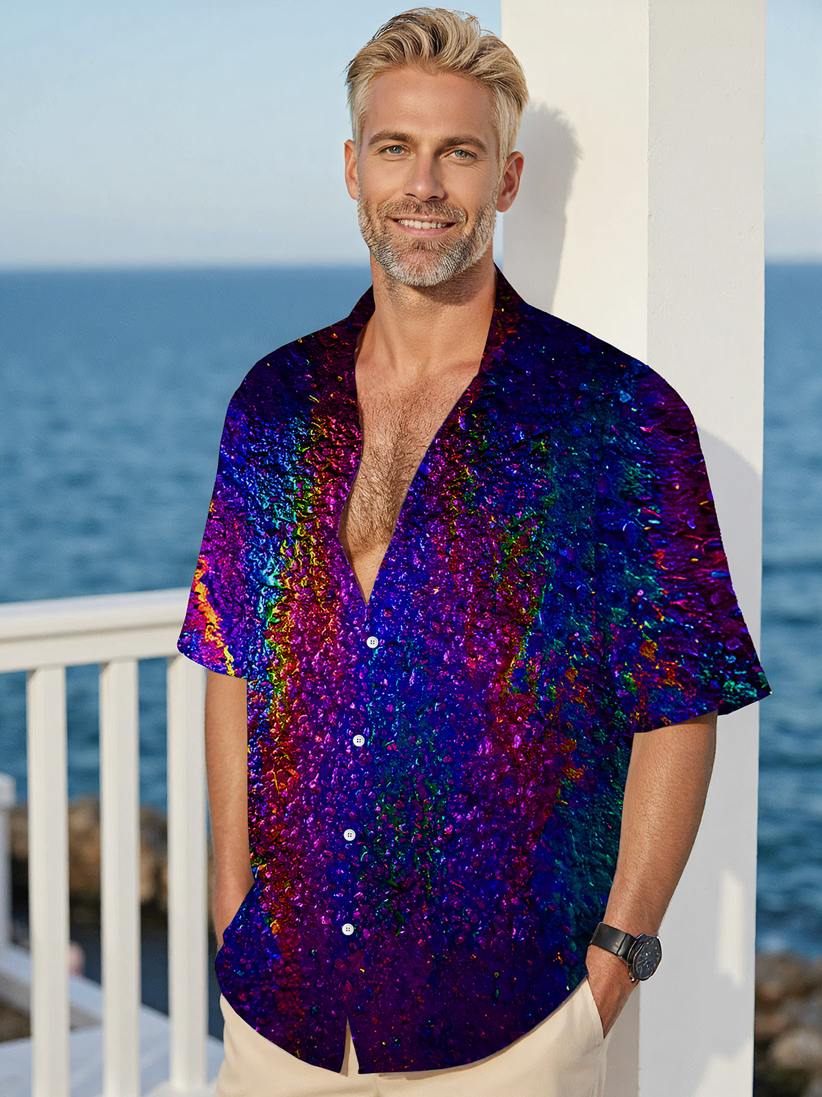 Abstract Rainbow Color Texture Men's Pocket Short Sleeve Shirts