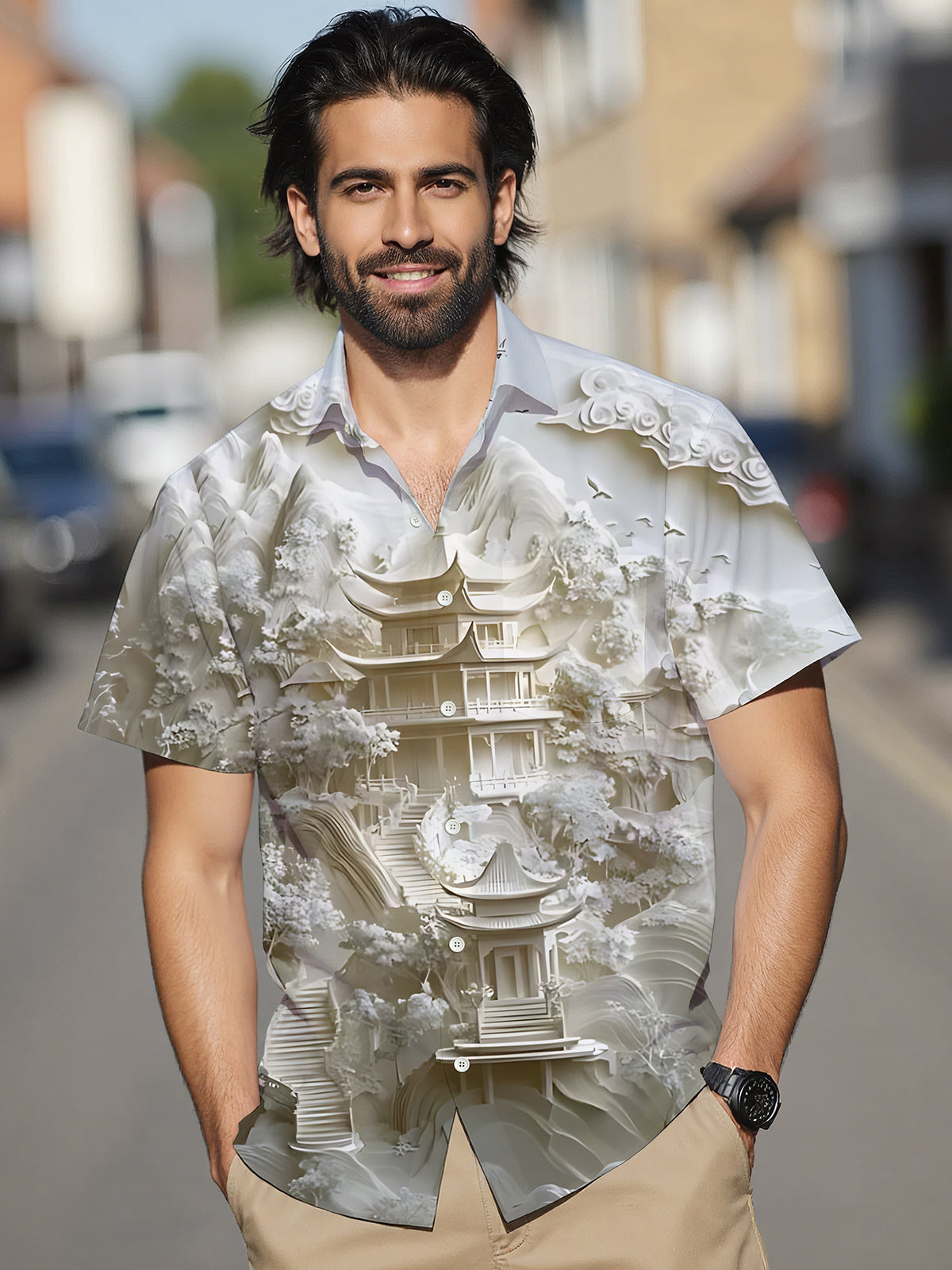 Courtyard Art Print Men's Pocket Short Sleeve Shirts