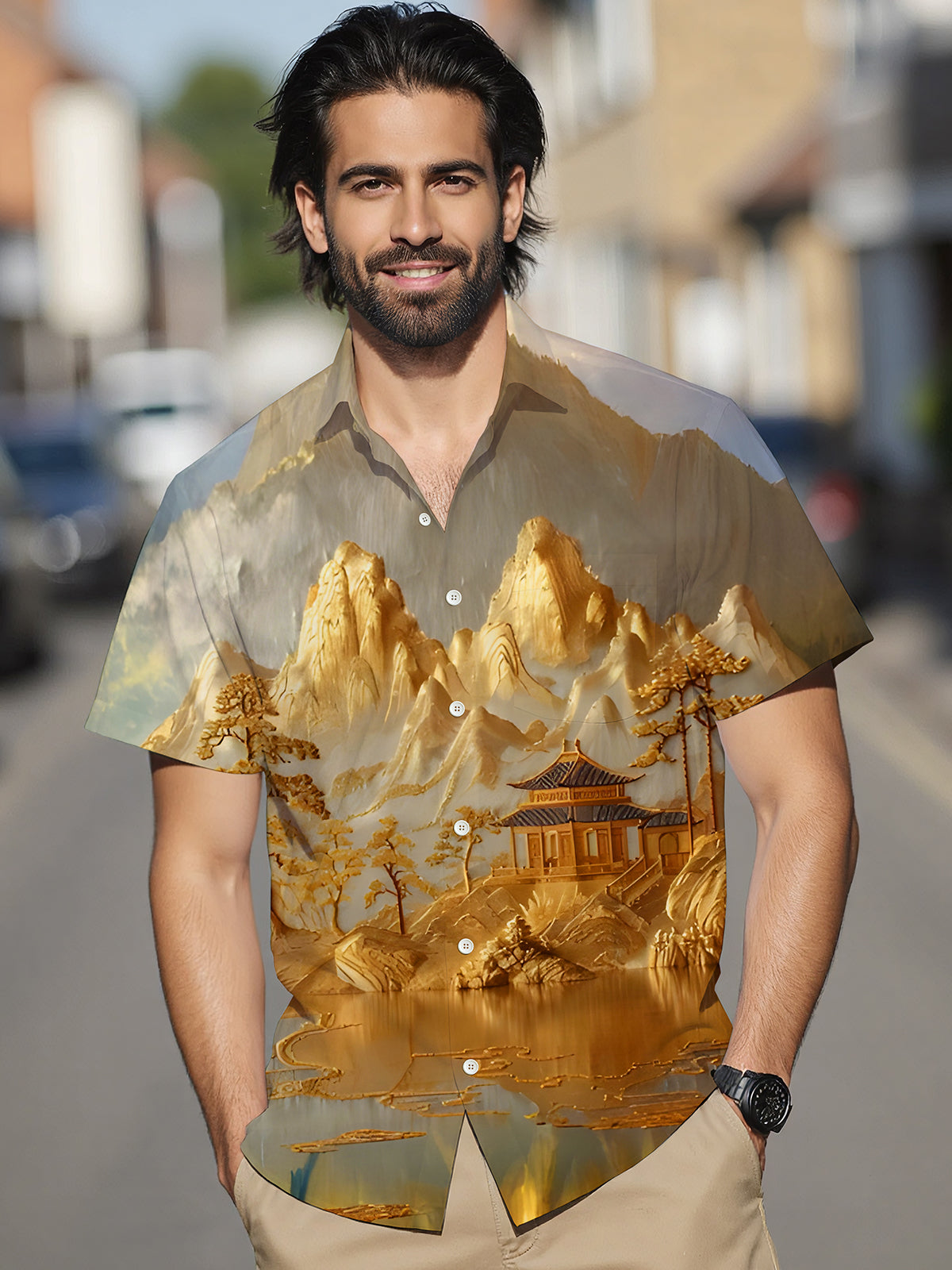 Golden Mountain Courtyard Tree Lake View Men's Pocket Short Sleeve Shirts