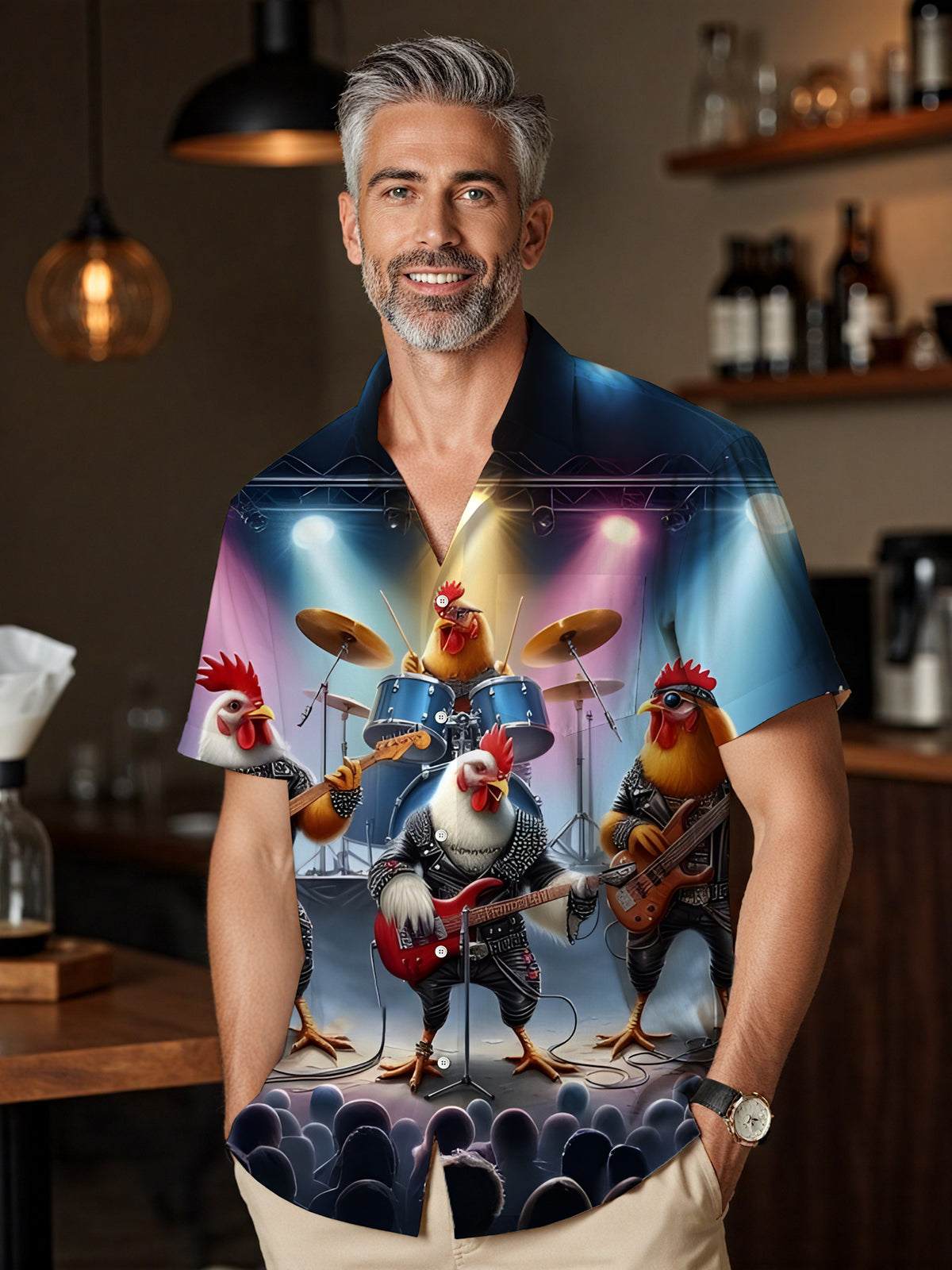 Rock Rooster print Men's Pocket Short Sleeve Shirts