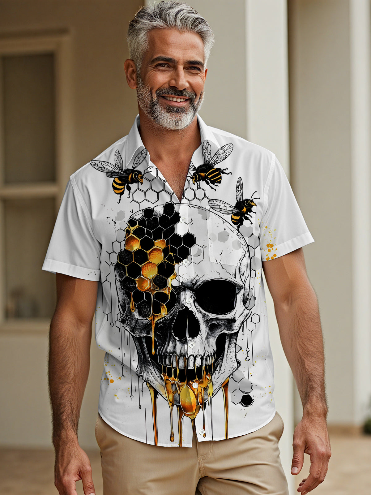 Skull Bee Men's Pocket Short Sleeve Shirts