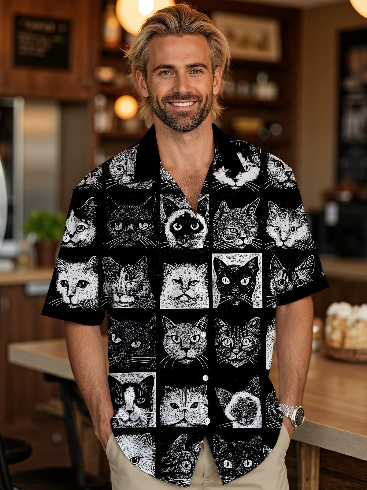 Cat Print Men's Pocket Short Sleeve Shirts