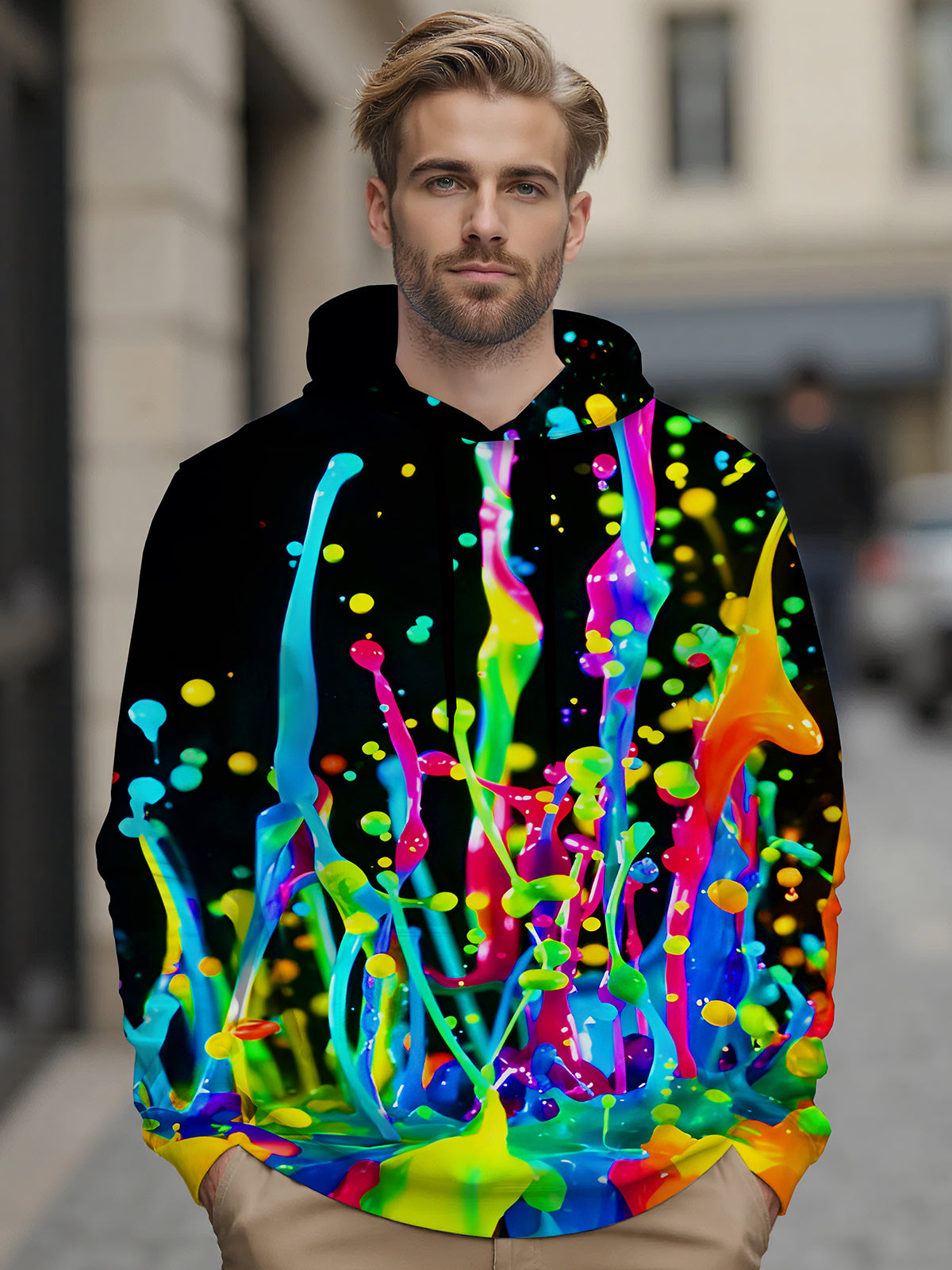 Tie Dye Flowing Colors Long Sleeve Hooded Pocket Men's Top
