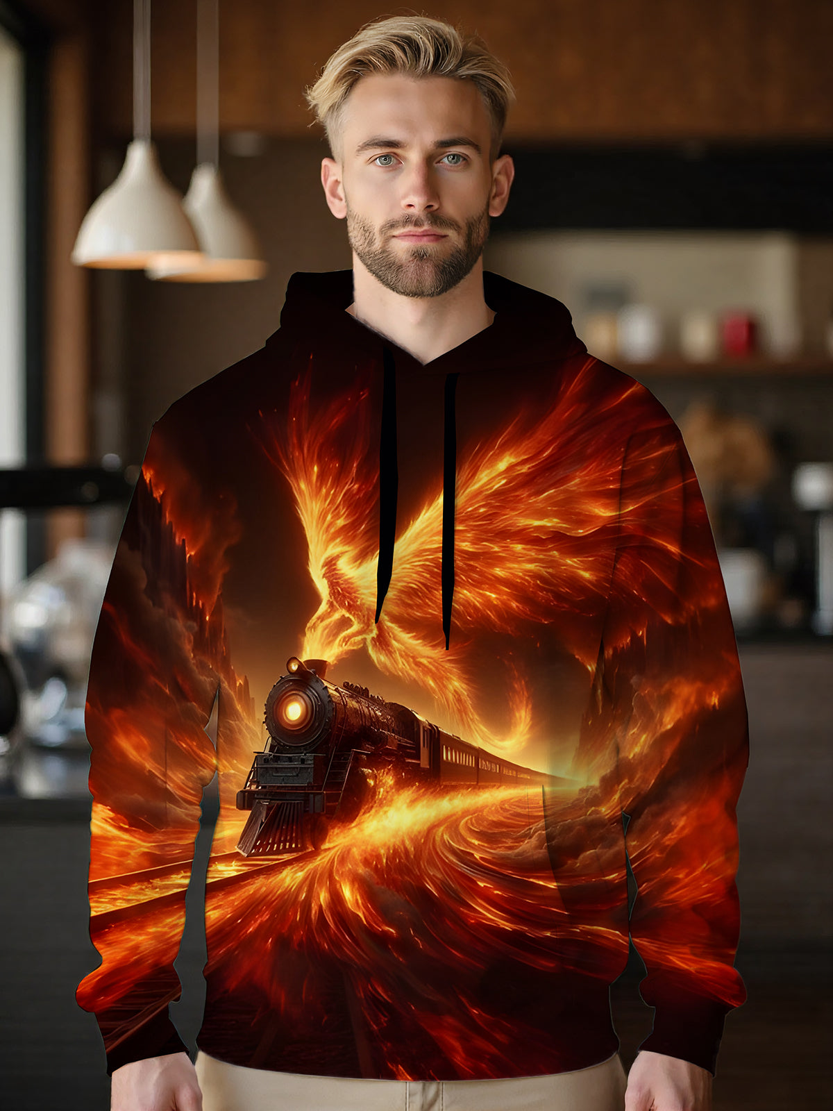 Flame Phoenix Train Print Long Sleeve Hooded Pocket Men's Top