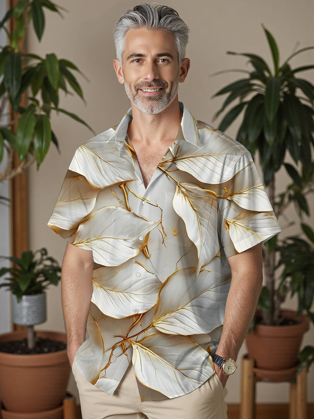 Leaf Print Men's Pocket Short Sleeve Shirts