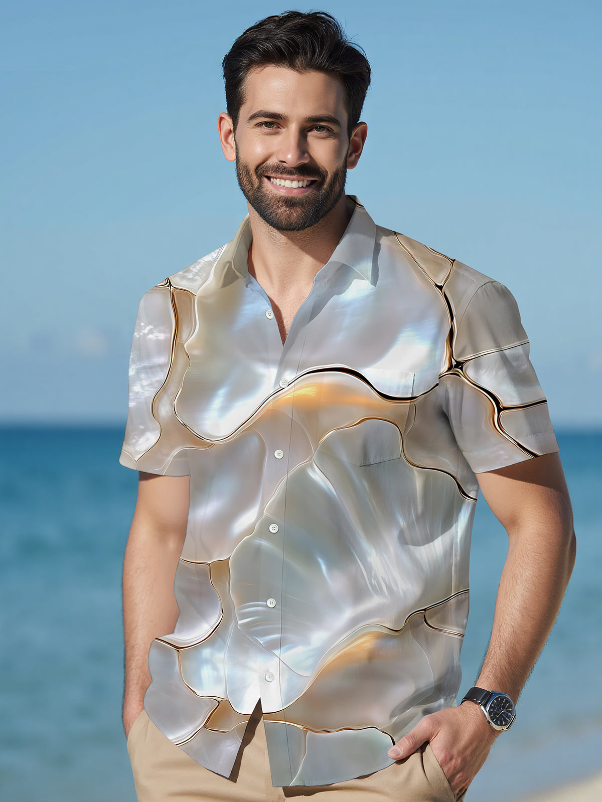 Shell Print Men's Pocket Short Sleeve Shirts