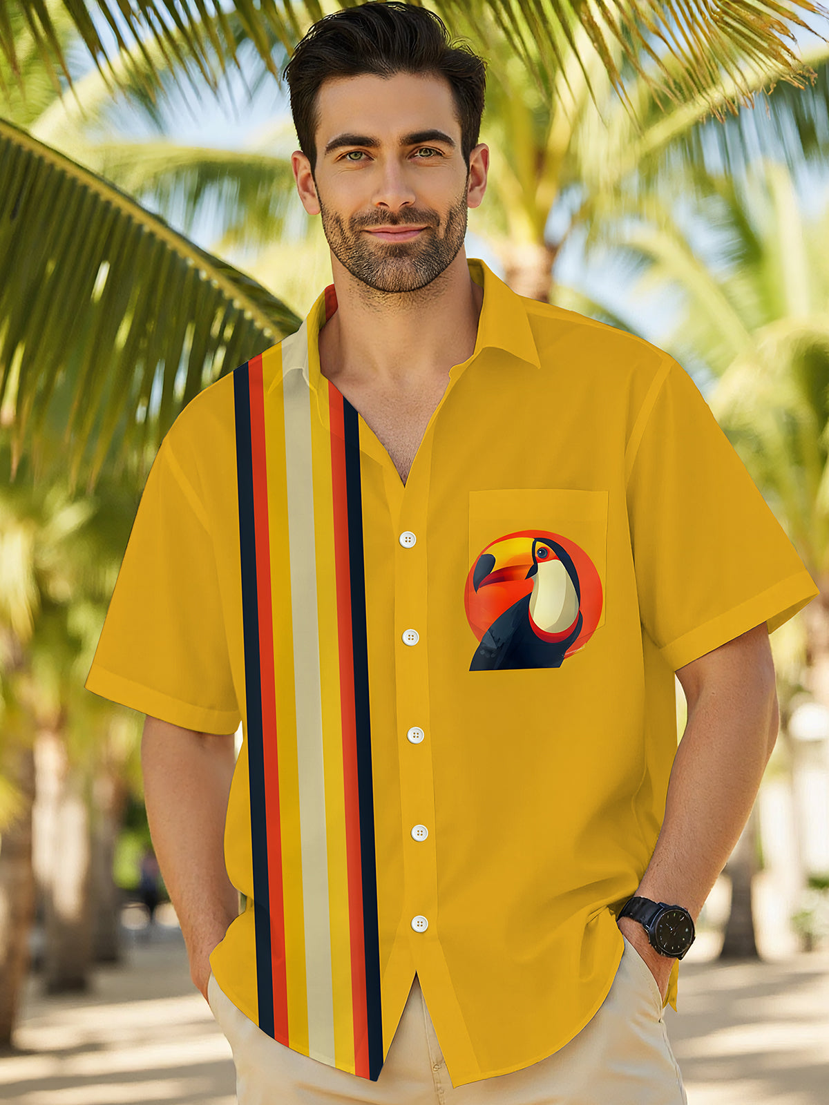 Toucan Print Men's Pocket Short Sleeve Shirts