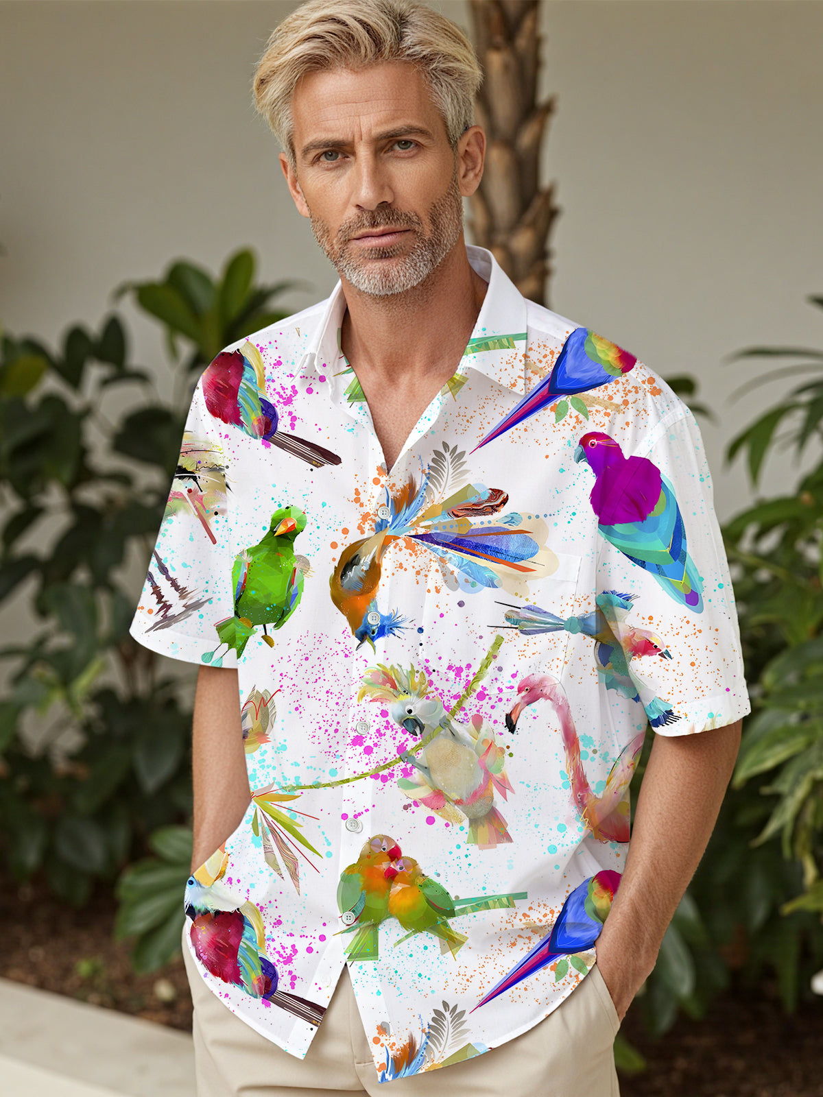 Hawaiian Parrot Print Men's Pocket Short Sleeve Shirts