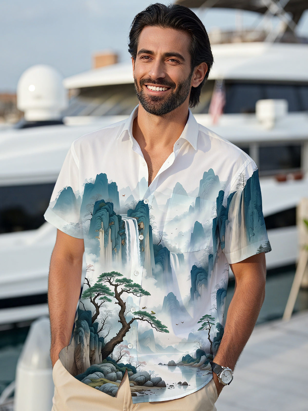 Landscape Painting Men's Pocket Short Sleeve Shirts