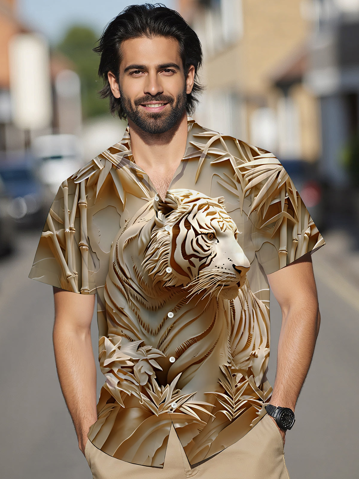 Tiger Bamboo Art Print Men's Pocket Short Sleeve Shirts