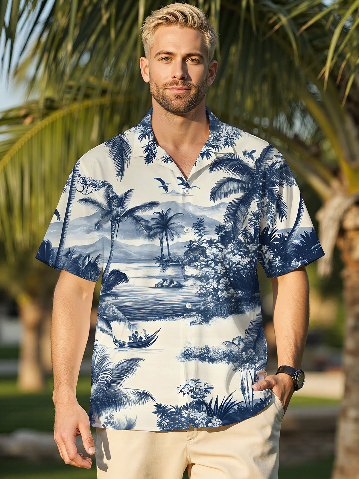 Hawaiian Coconut Tree Men's Pocket Short Sleeve Shirts