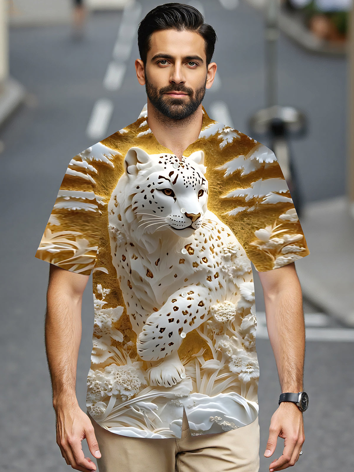 Snow Leopard Print Men's Pocket Short Sleeve Shirts