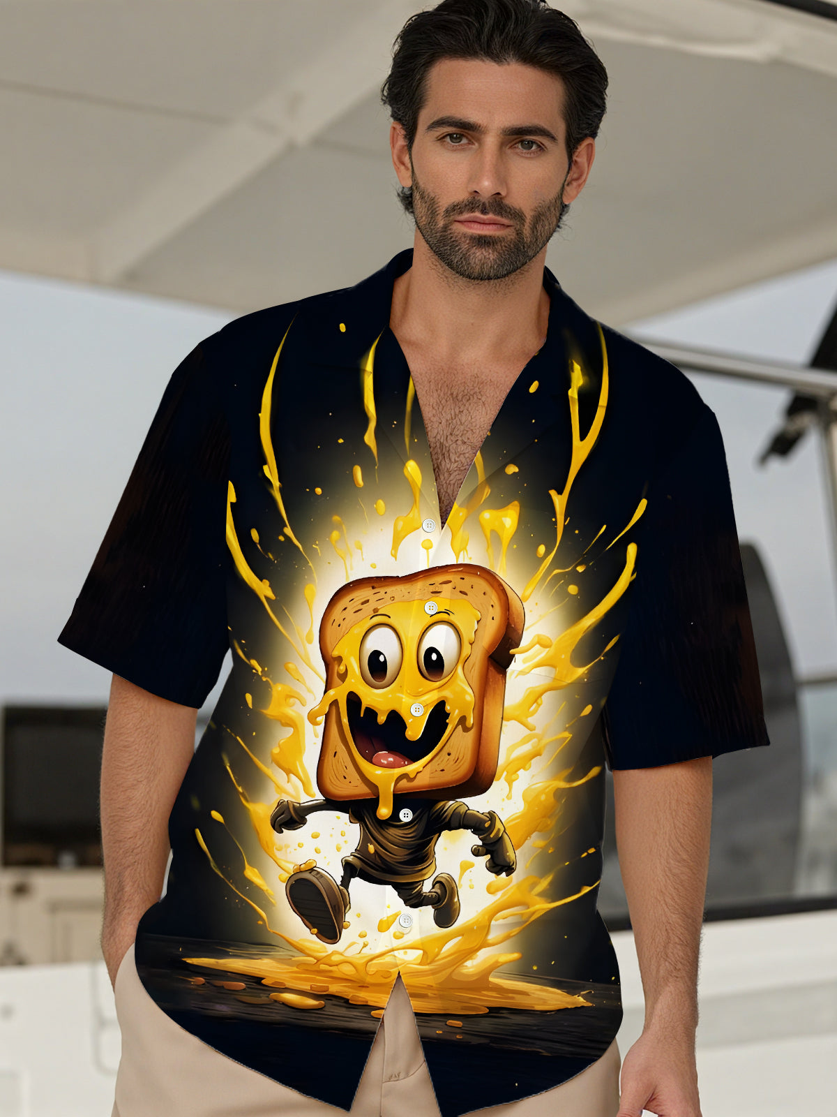 Funny Toast Print Men's Pocket Short Sleeve Shirts