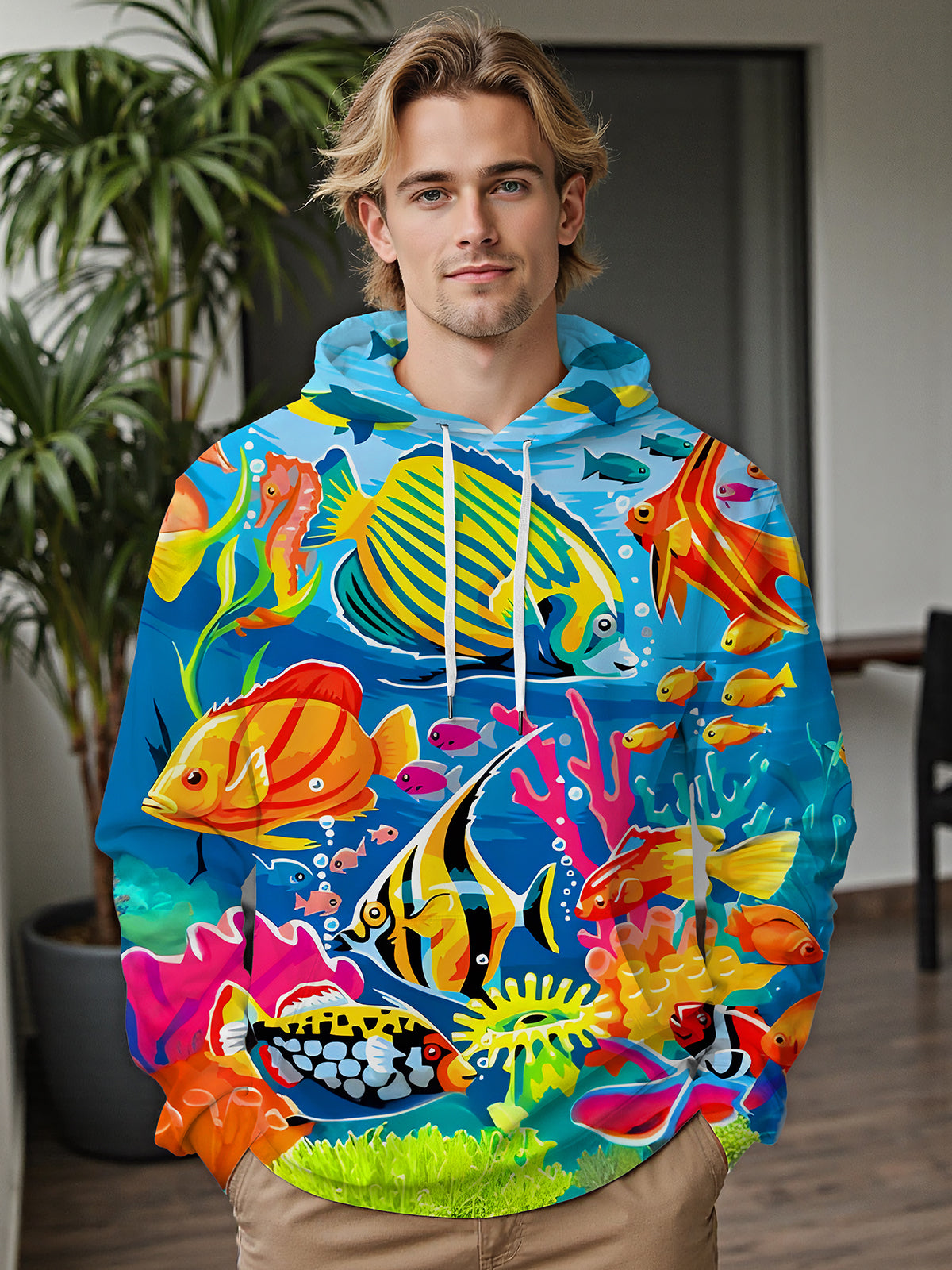 Colorful Fish Underwater World Long Sleeve Hooded Pocket Men's Top