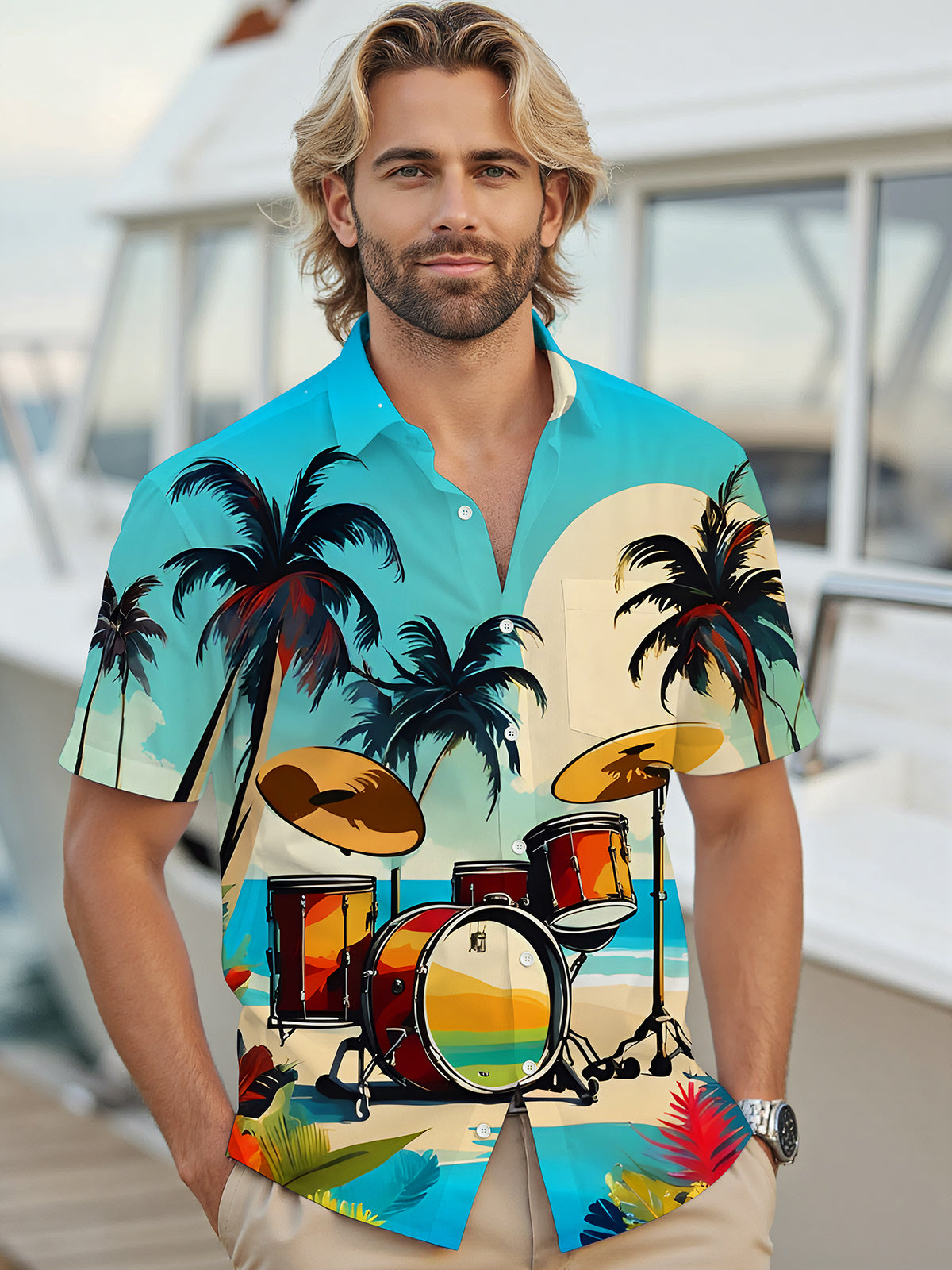 Hawaiian Coconut Tree Drum Set Seaside Music Men's Pocket Short Sleeve Shirts