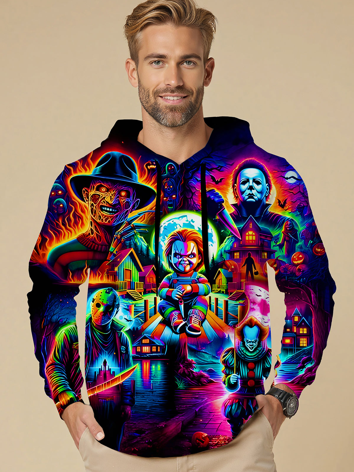 Psychedelic Joker Halloween Long Sleeve Hooded Pocket Men's Top