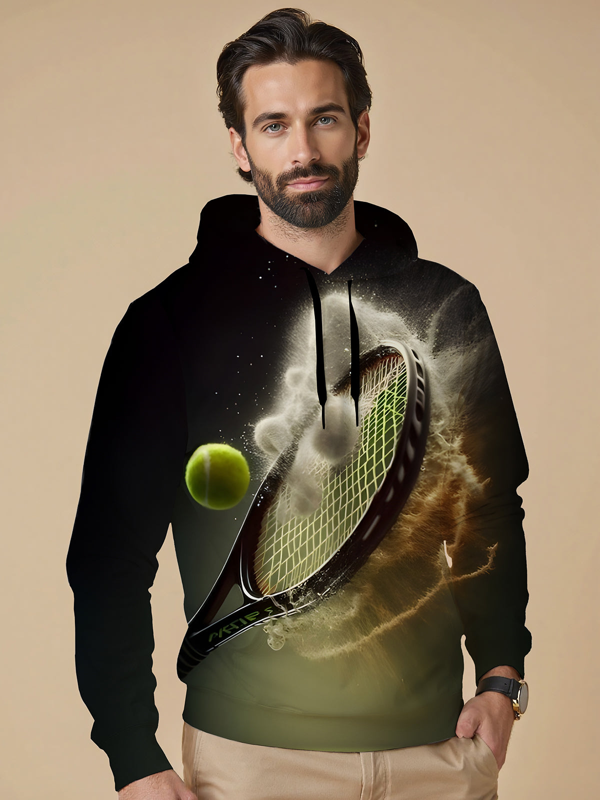 Tennis Print Long Sleeve Hooded Pocket Men's Top