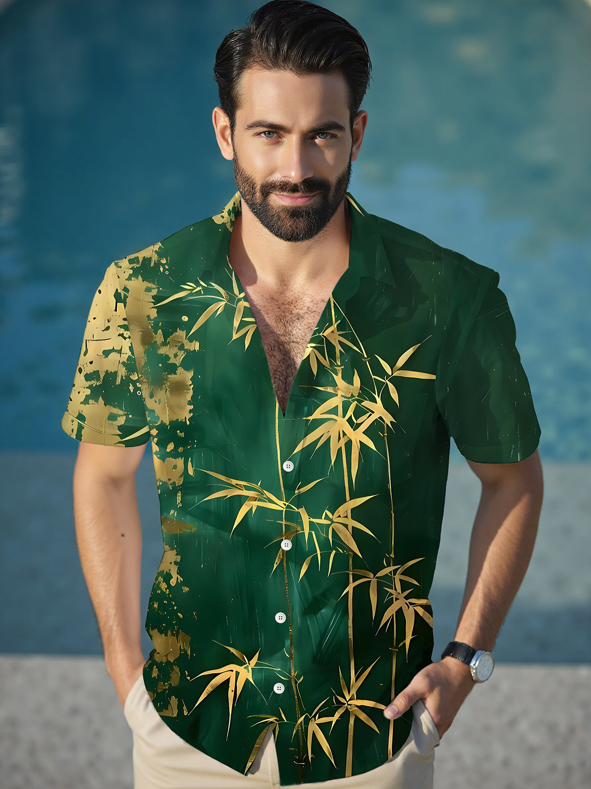 Bamboo Print Men's Pocket Short Sleeve Shirts