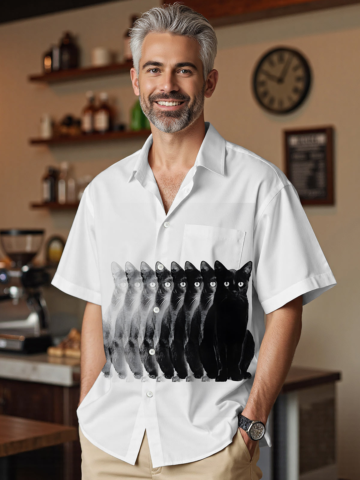 Gradient Cat Print Men's Pocket Short Sleeve Shirts