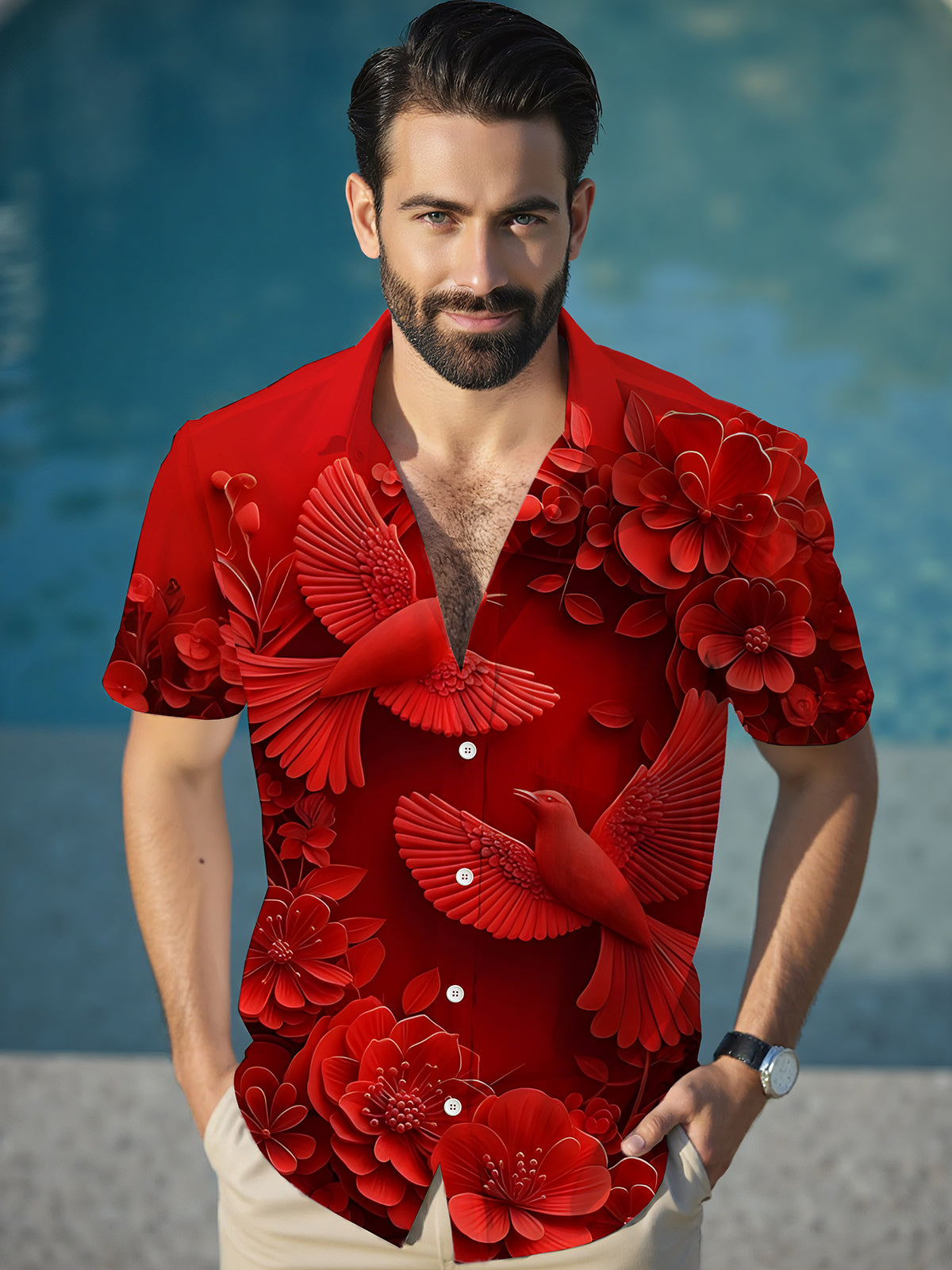 Floral Bird Print Men's Pocket Short Sleeve Shirts