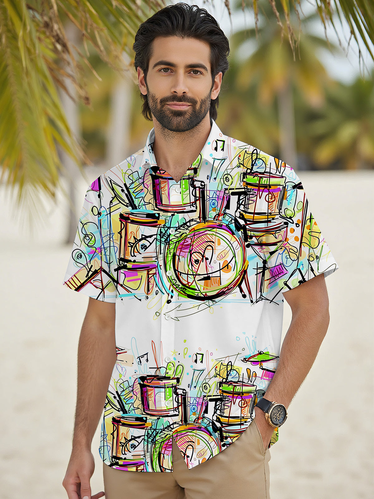 Colored Musical Instruments Drum Set Painting Art Print Men's Pocket Short Sleeve Shirts