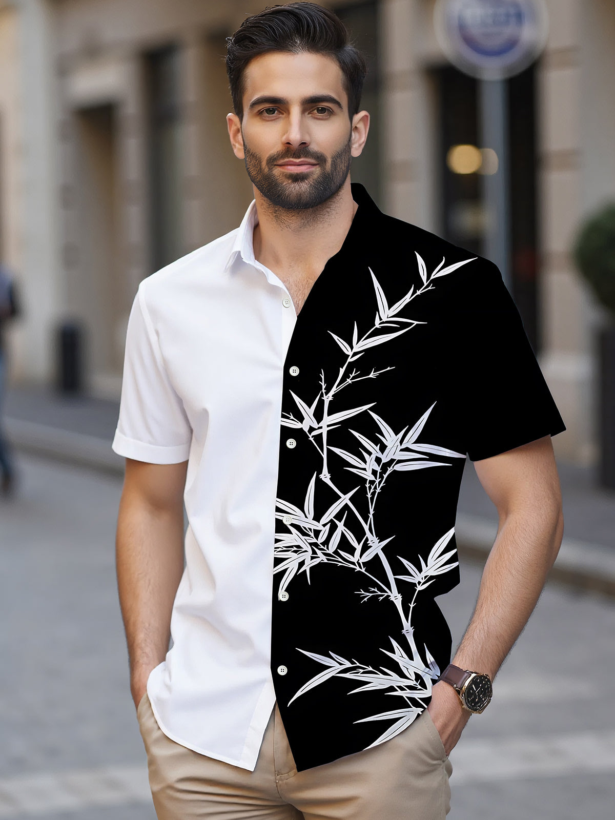 Bamboo Print Men's Pocket Short Sleeve Shirts